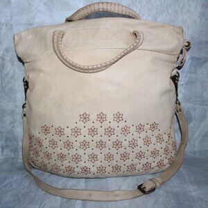 Errelleventidue Beige Italian Leather Handbag Floral Print Metal Studs Large
